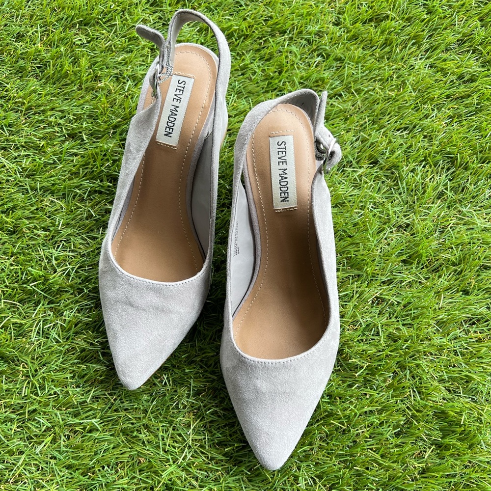 Steve Madden grey suede sling back heels